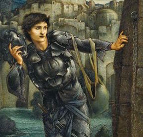 A pre-Raphaelite painting of a young knight in search of something